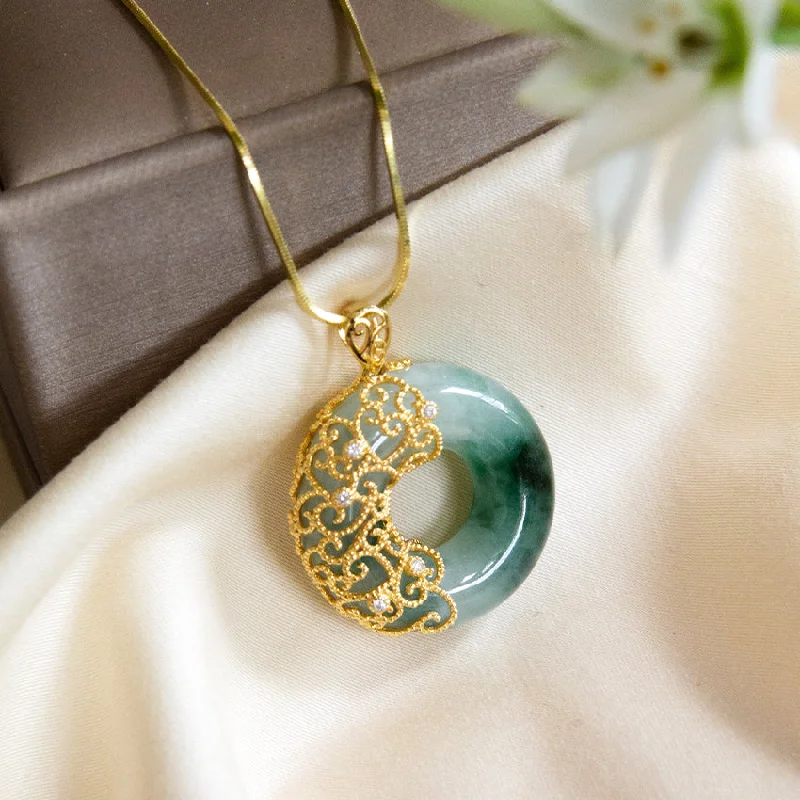 Ladies boho necklaces-Filigree Jade Pendant with Diamonds