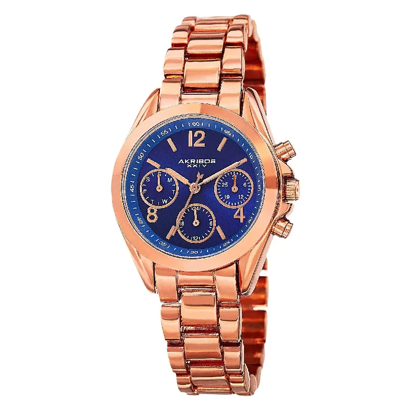 Ladies adjustable cuff bracelets-Akribos XXIV Women's Swiss Quartz Dual-Time Multifunction Rose-Tone Bracelet Watch