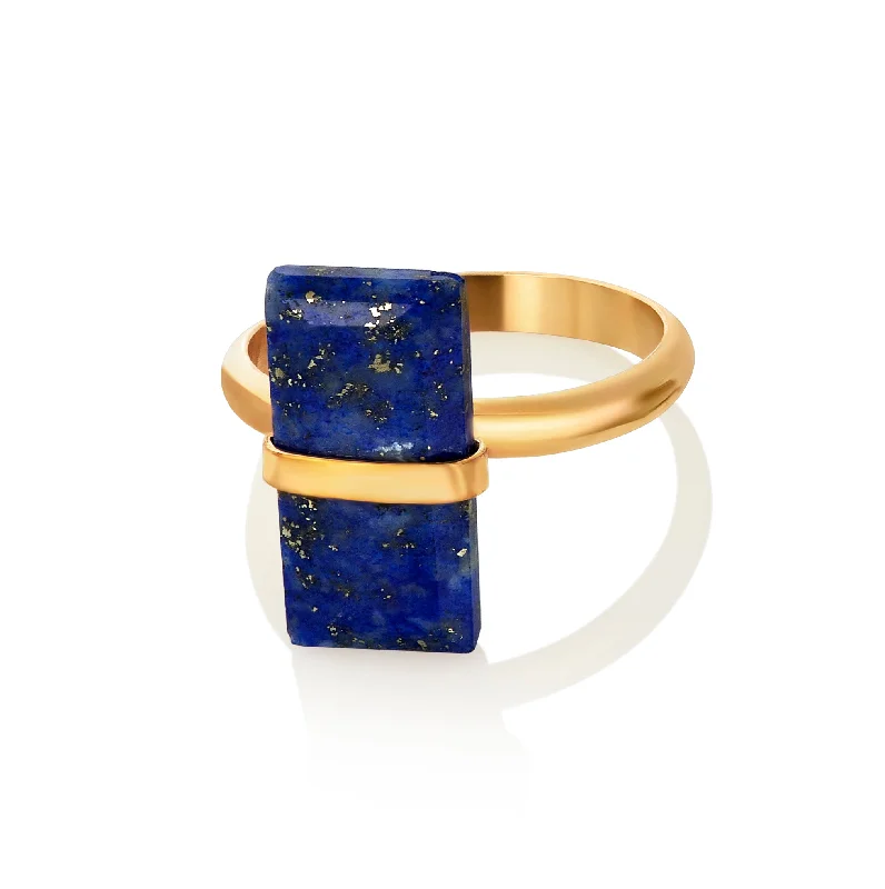 Ladies rose gold rings-Rectangle Lapis Gold Wired Ring