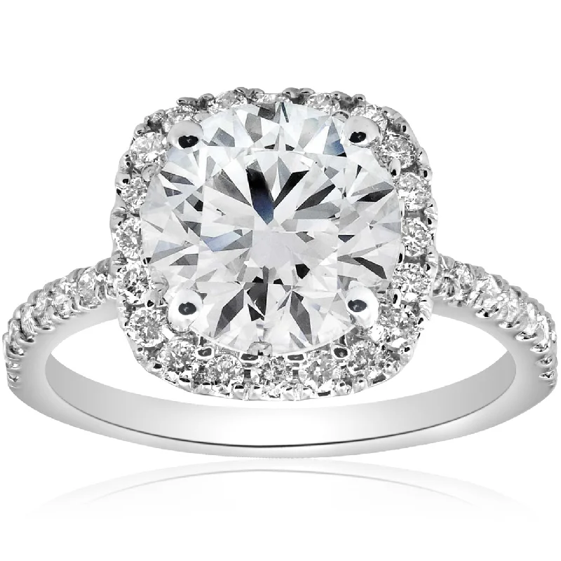 Ladies three-stone engagement rings-2 1/2CT Diamond Cushion Halo Engagement Ring 14k White Gold