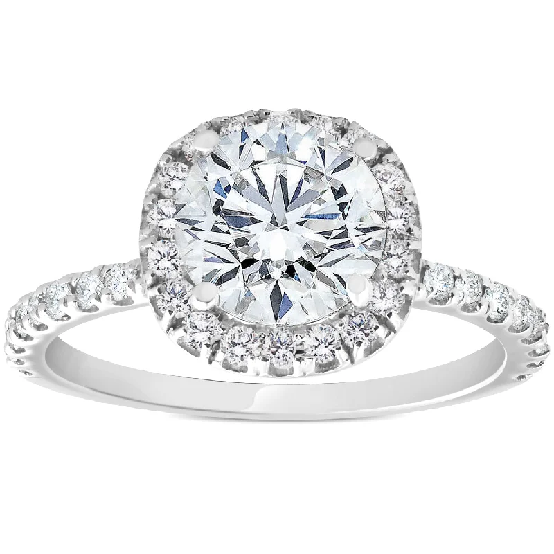 Ladies classic solitaire engagement rings-1 3/8ct Diamond Cushion Halo Engagement Ring 14k White Gold