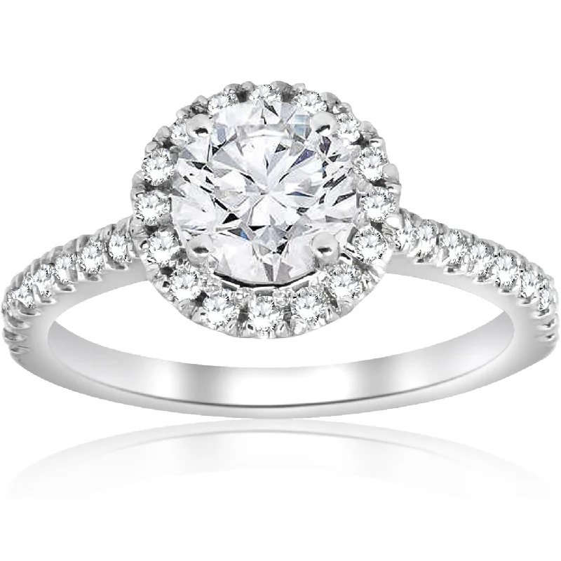 Ladies engagement rings for petite fingers-1 ct Round Diamond Halo Engagement Ring 14k White Gold