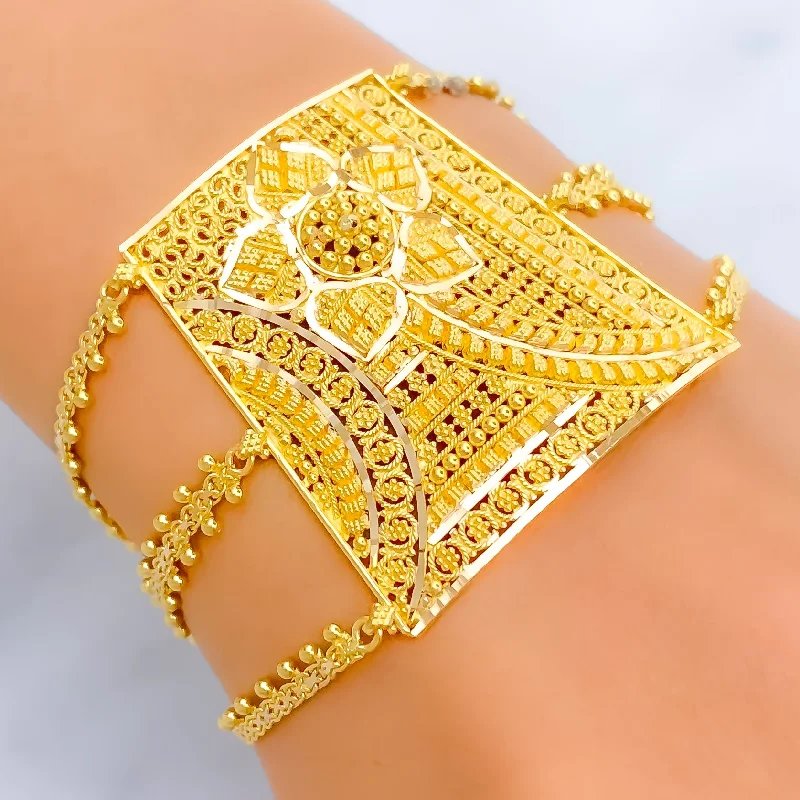 Ladies thick cuff bracelets-Glimmering Floral 22k Gold Statement Bracelet