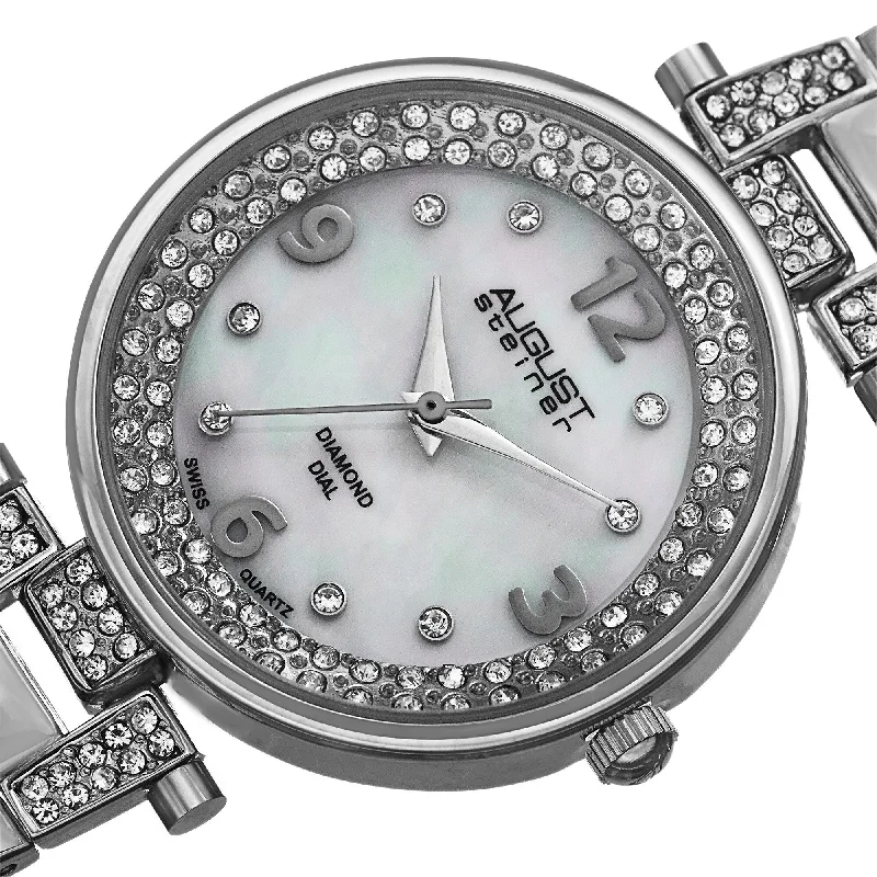 Ladies cuff bracelets with gemstones-August Steiner Women's Swiss Quartz Diamond Markers Silver-Tone Bracelet Watch