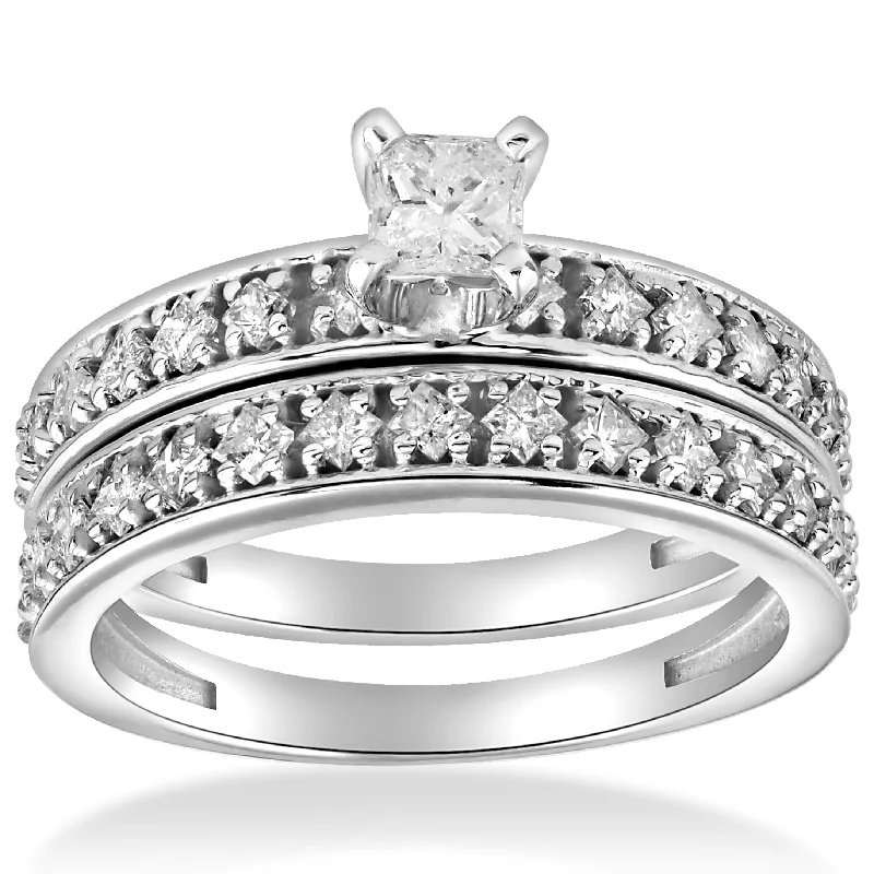 Ladies halo engagement rings-1 cttw Princess Cut Diamond Engagement Wedding Ring Set 10k White Gold