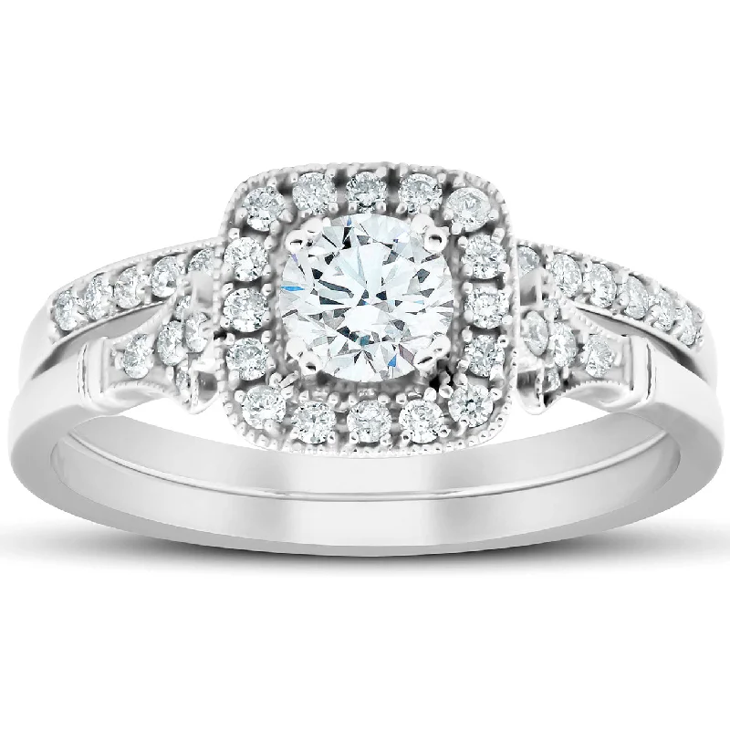 Ladies wide band engagement rings-3/4 CT Diamond Cushion Halo Engagement Ring Matching Wedding Band 14k White Gold