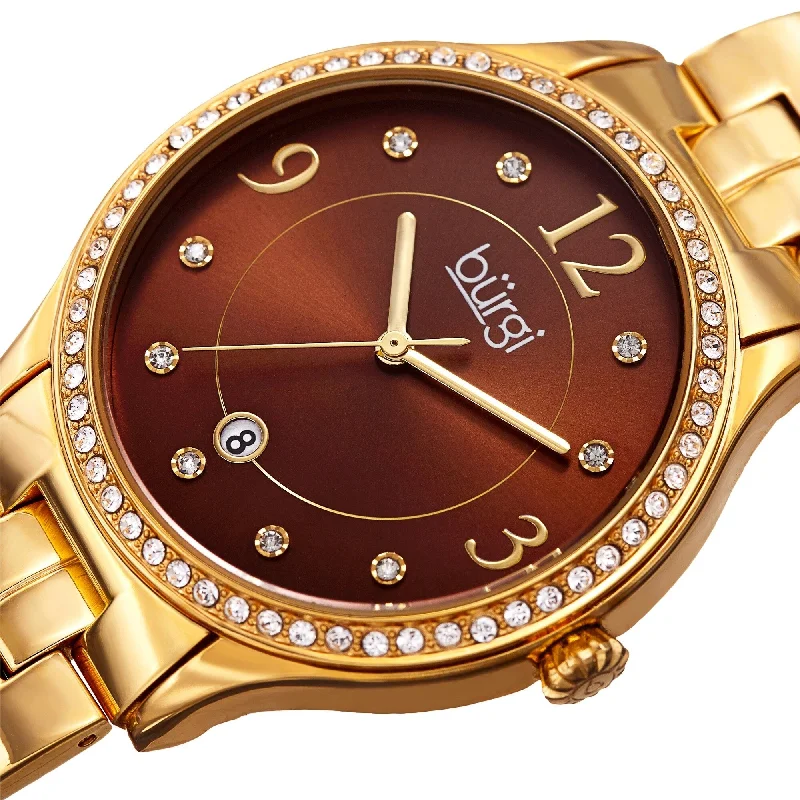 Ladies birthstone bracelets-Burgi Women's Swarovski Crystal Date Sunray Dial Gold-tone Bracelet Watch