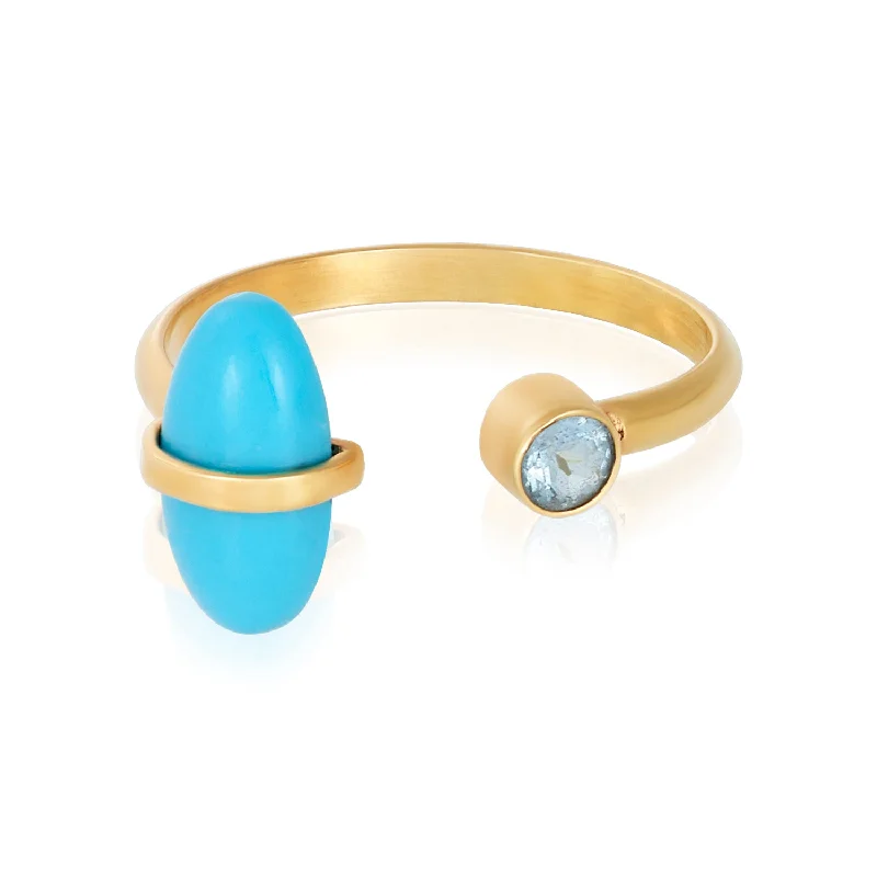 Ladies solitaire rings-Turquoise And Aquamarine Open End Ring in 14k