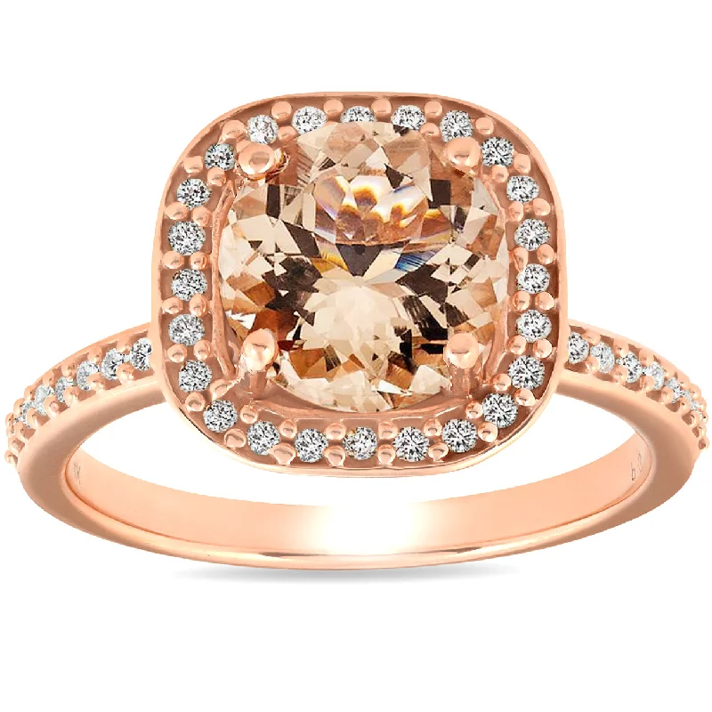 Ladies affordable diamond engagement rings-2 Ct Morganite & Diamond Cushion Halo Engagement Ring 14k Rose Gold