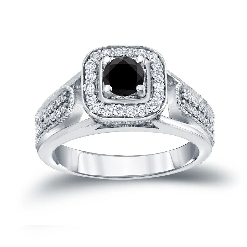 Ladies round engagement rings-14k Gold 1/2ct TDW Black Diamond with Halo Engagement Ring