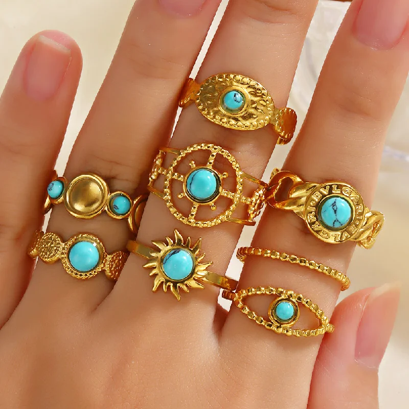 Ladies halo rings-Modern Style Simple Style Geometric Stainless Steel Plating Inlay Turquoise 18k Gold Plated Open Rings