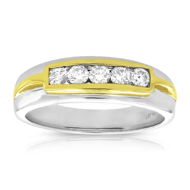 Ladies 3-stone engagement rings-1/2 cttw Men's 5 Stone Diamond Engagement Ring 14K Two Tone Gold SI Clarity