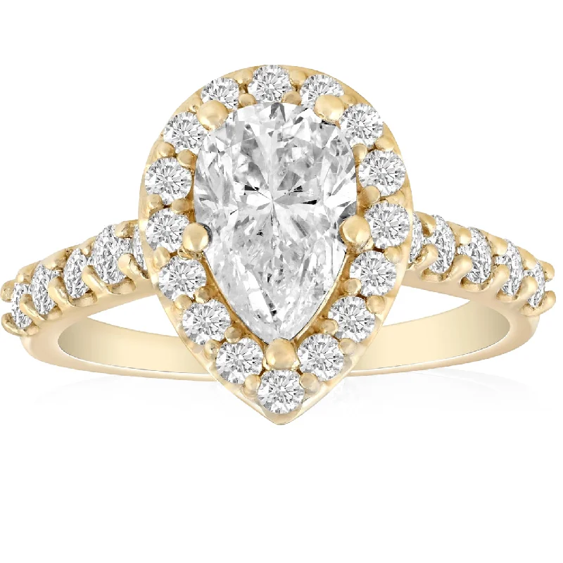 Ladies affordable platinum engagement rings-2 Ct Pear Shape Halo Diamond Engagement Ring 14k Yellow Gold