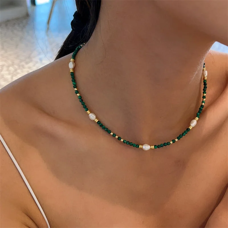 C418 Necklace---Malachite Freshwater Real Pearl