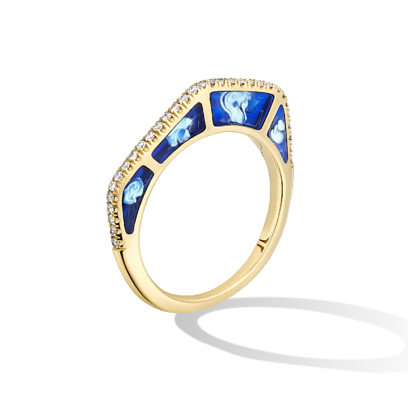 Ladies rose gold wedding rings-Cloud Cobra Blue enamel with lime plumes