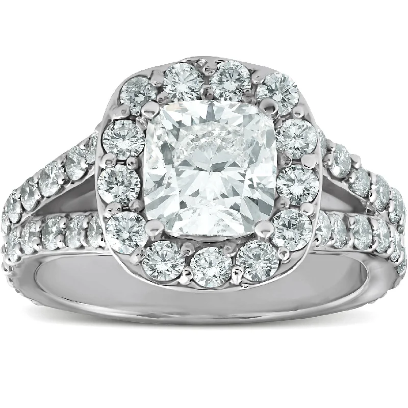 Ladies round brilliant cut engagement rings-3 Ct Cushion Diamond Engagement Halo Split Shank Ring 14k White Gold