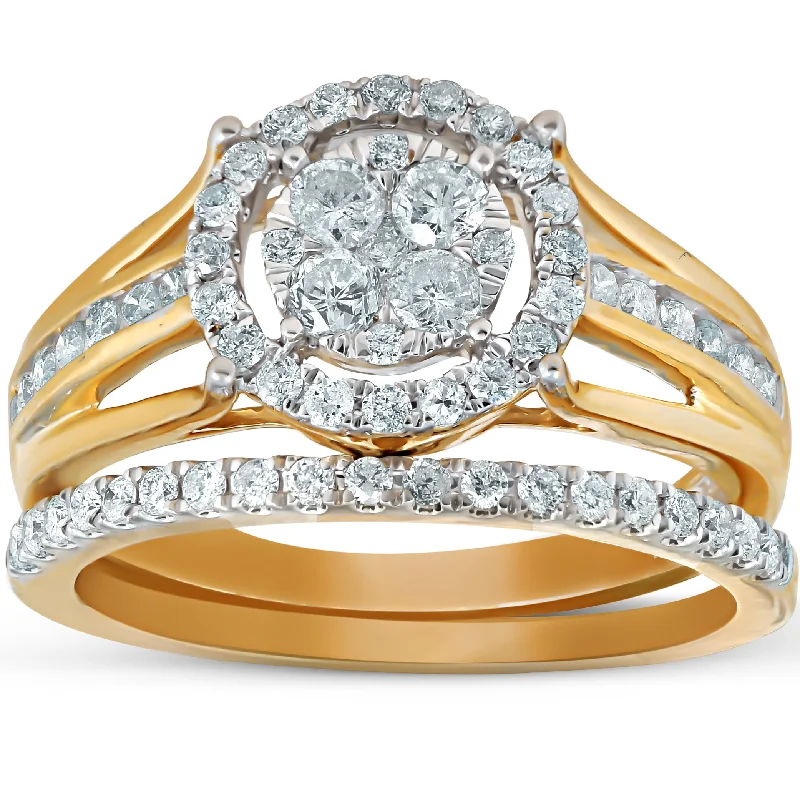 Ladies simple engagement rings-1 Ct Halo Diamond Engagement Wedding Ring Set Multi Row Wedding Band Yellow Gold