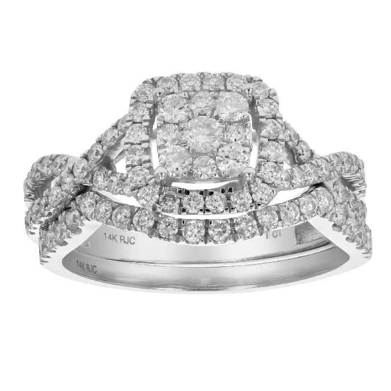 Ladies round brilliant cut engagement rings-1 cttw Diamond Wedding Engagement Ring Set 14K White Gold Composite Bridal