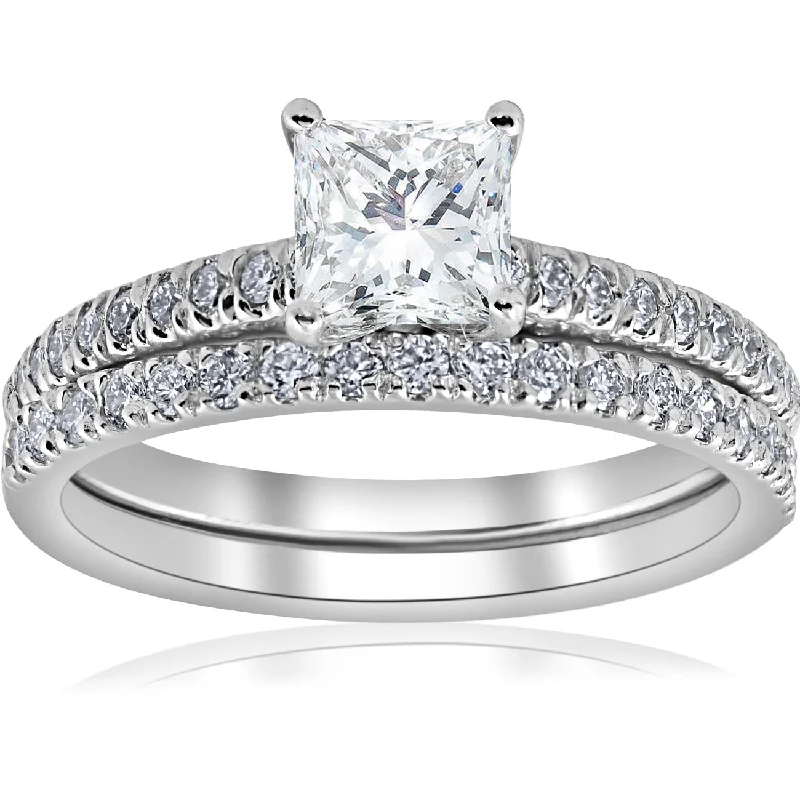 Ladies unique halo engagement rings-1.90Ct Princess Cut Diamond Wedding Engagement Ring Set White Gold Lab Grown