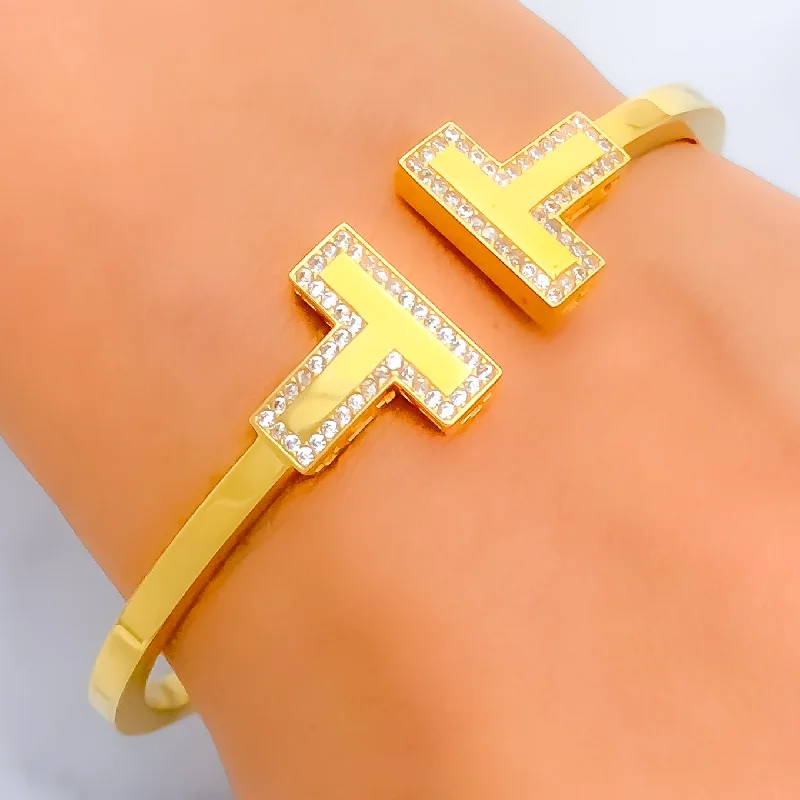 Ladies cubic zirconia bracelets-Sleek Sophisticated 21k Gold CZ Bangle Bracelet