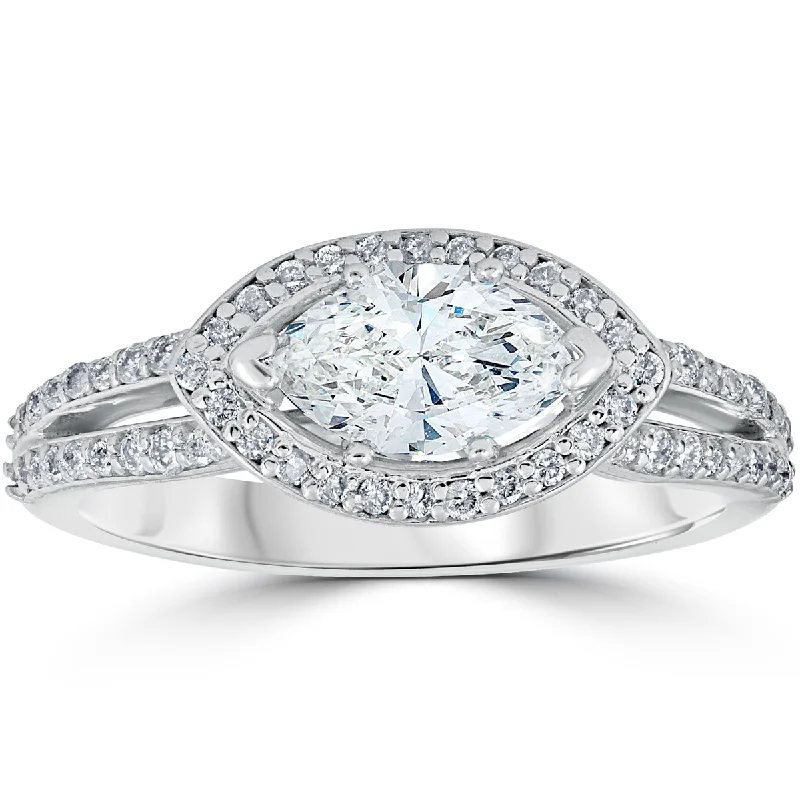 Ladies white gold engagement rings-1 1/2 ct Vintage Halo Sidways Marquise Diamond Engagement Ring 14k White Gold