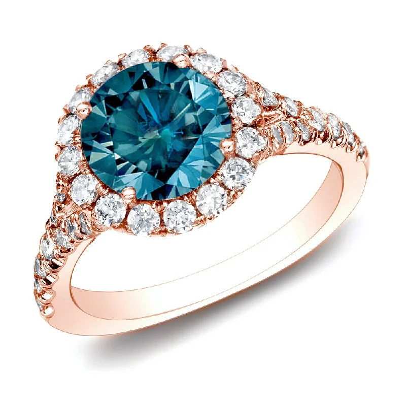 Ladies engagement rings with a floral design-Auriya 1 1/2ctw Round Pave Halo Blue Diamond Engagement Ring 14k Rose Gold