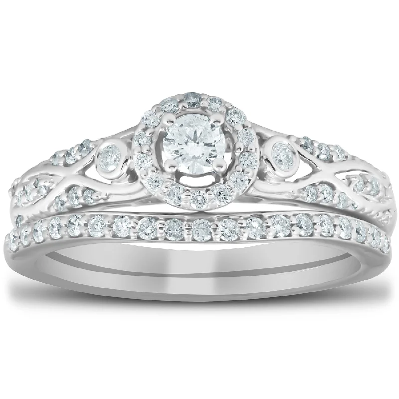 Ladies classic solitaire engagement rings-1/2 Ct Halo Round Diamond Vintage Engagement Wedding Ring Set 10k White Gold