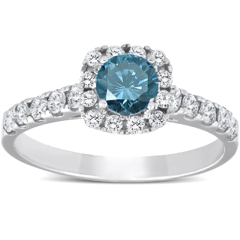 Ladies engagement rings with mixed metals-1 Ct Blue Diamond Cushion Halo Engagement Ring 14k White Gold