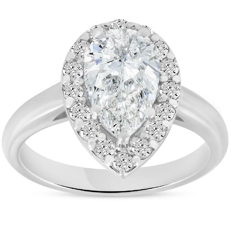 Ladies contemporary engagement rings-G/SI 1.85 ct Pear Shape Diamond Halo Engagement Ring 14k White Gold Enhanced