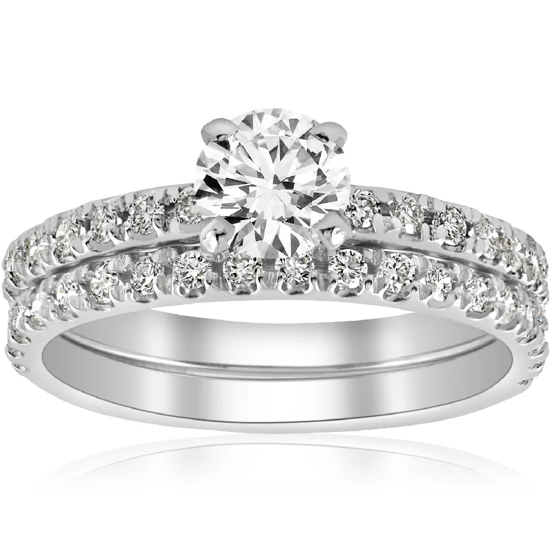 Ladies 3-stone engagement rings-1 ct Diamond Engagement Wedding Ring French Pave Set 14k White Gold