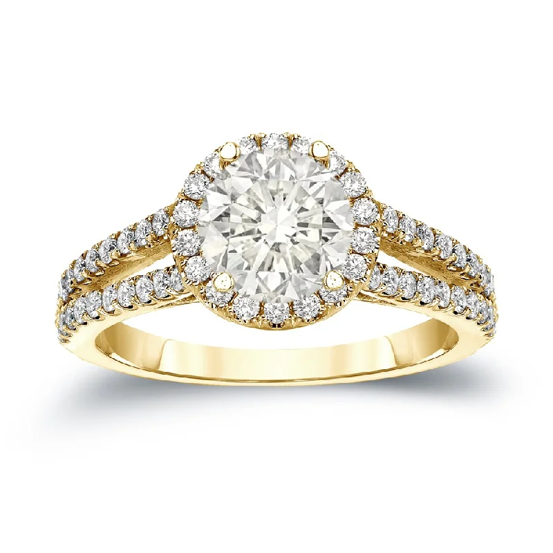 Ladies personalized engagement rings-14k Gold Round 1 1/3ct TDW Certified Diamond Halo Engagement Ring by Auriya