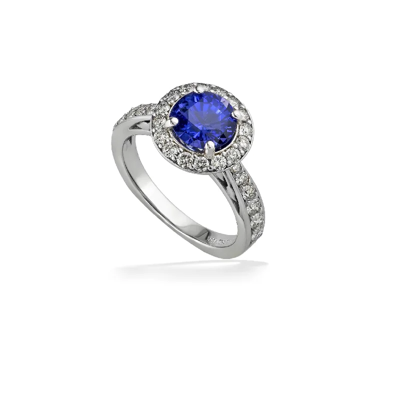 Ladies platinum diamond rings-Na Hoku Solitaire Blue Sapphire Halo Ring