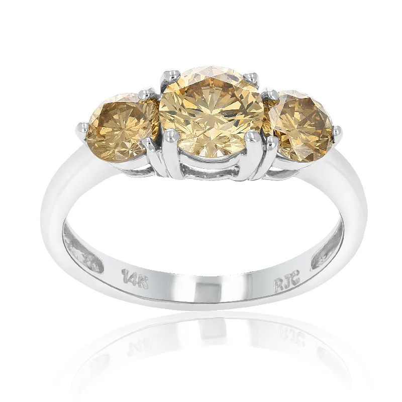 Ladies engagement rings with colored diamonds-2 cttw 3 Stone Round Champagne Diamond Engagement Ring 14K White Gold