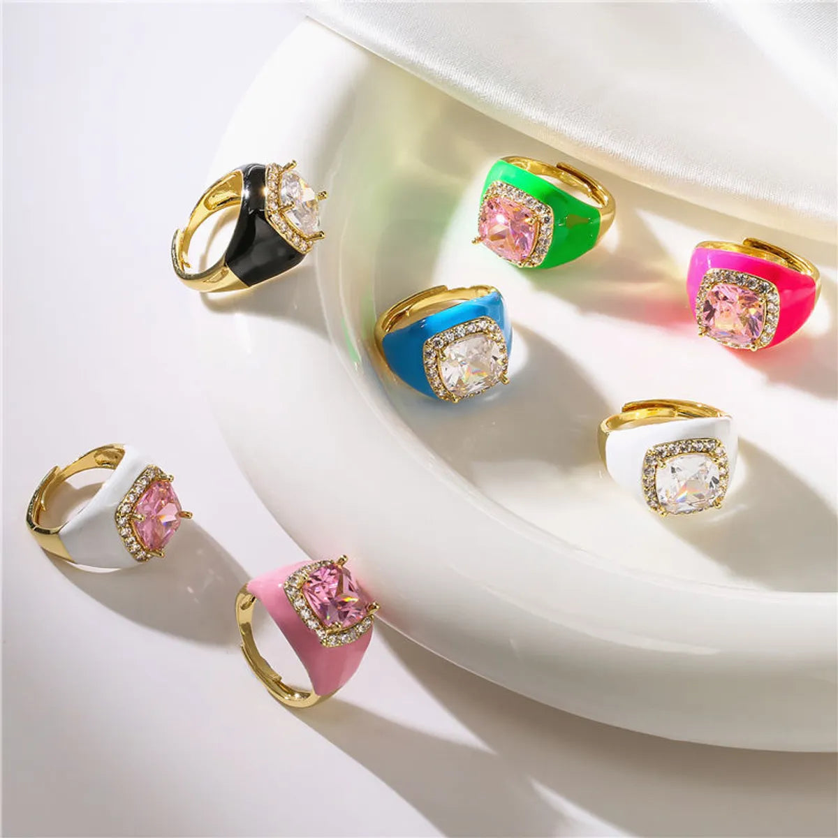 Ladies moonstone rings-Fashion Square Copper Enamel Plating Inlay Zircon Open Ring 1 Piece