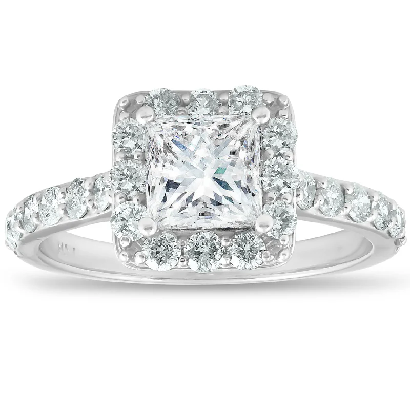 Ladies vintage-inspired engagement rings-2 Ct Diamond Princess Cut Halo Engagement Ring 14k White Gold