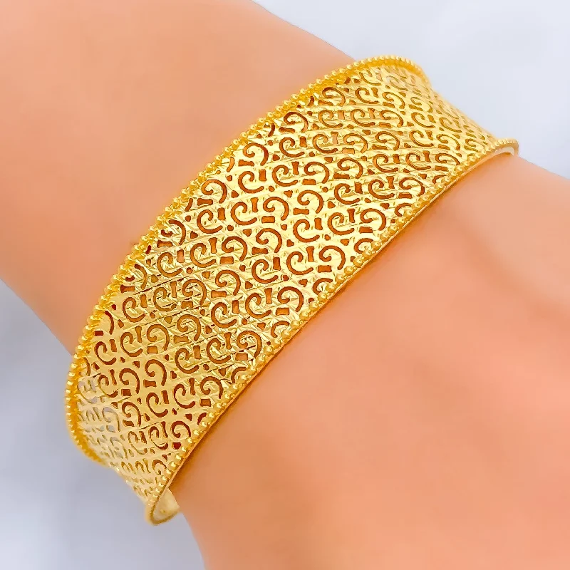 Ladies thick cuff bracelets-Bright Fine Motif Mesh 21K Gold Bangle Bracelet