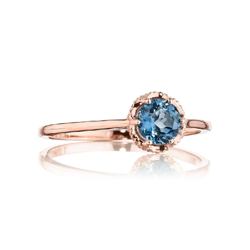 Ladies vintage-inspired rings-Petite Crescent Crown Gem Ring featuring London Blue Topaz