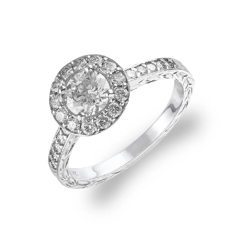 Ladies engraved rings-Maile Scroll Round Halo Ring