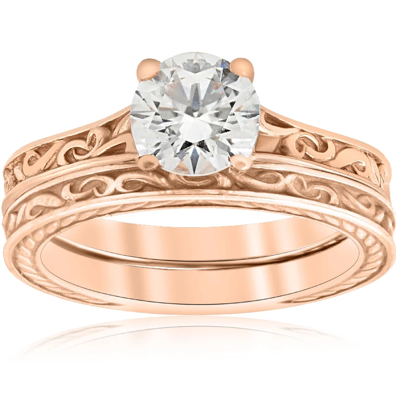 Ladies platinum engagement rings-1ct Diamond Solitaire 14k Rose Gold Vintage Engagement Ring Wedding Band