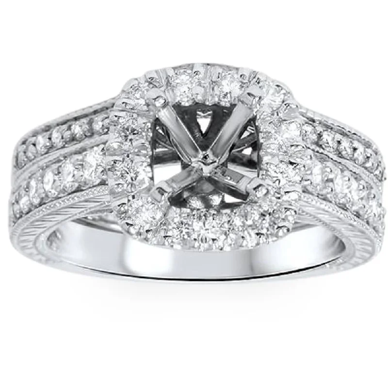 Ladies wide band engagement rings-3/4ct Cushion Cut Halo Diamond Vintage Engagement Ring Setting Set