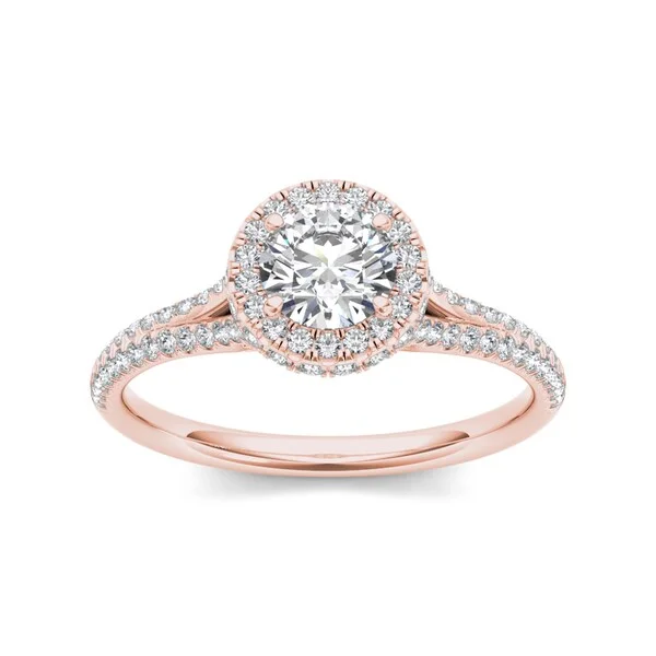 Ladies rose gold solitaire engagement rings-De Couer 14k Rose Gold 1ct TDW Diamond Halo Engagement Ring - Pink