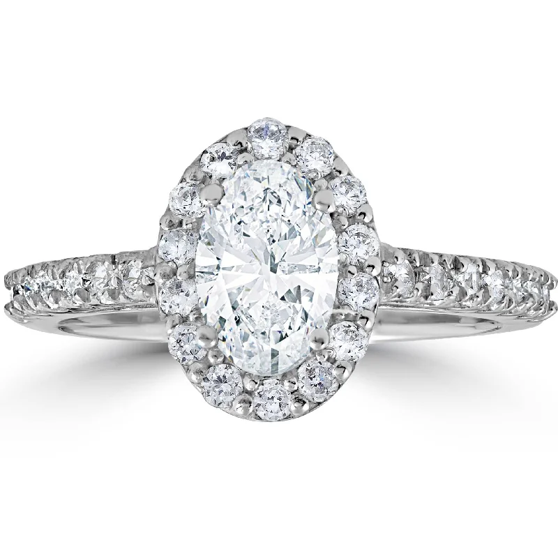 Ladies halo engagement rings with diamond accents-Platinum 1 1/2 Ct Oval Diamond Halo Engagement Ring