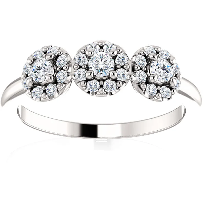 Ladies round engagement rings-1/2 Ct Three Stone Lab Grown Diamond Halo Engagement Ring White Gold