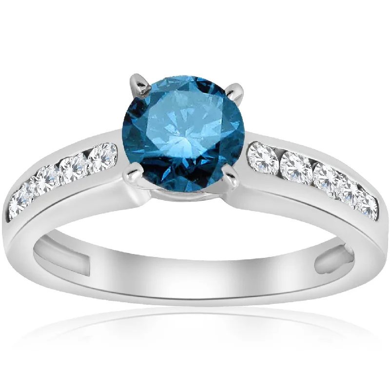 Ladies simple diamond engagement rings-1 1/2 ct Blue Diamond Engagement Ring 14K White Gold Channel Set