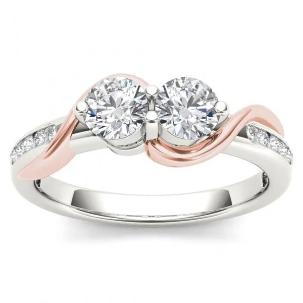 Ladies engagement rings with a custom design-De Couer 10k Pink Two-Tone White Gold 3/4ct TDW Two-Stone Diamond Engagement Ring