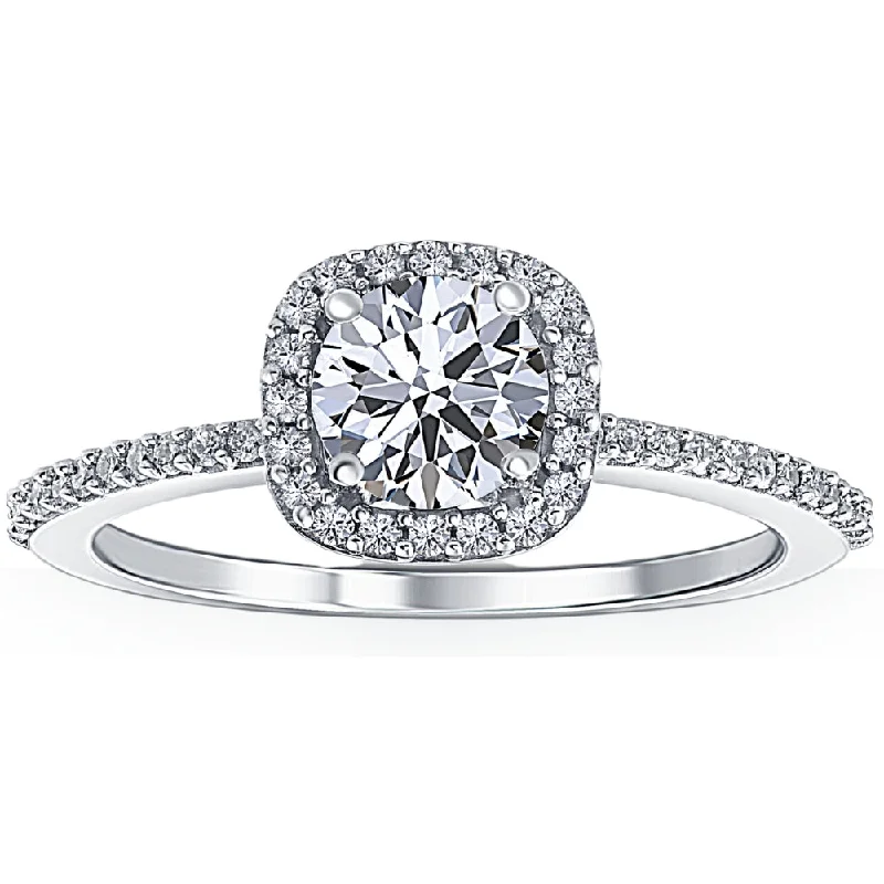 Ladies engagement rings with side stones-1 Ct Diamond Cushion Halo Engagement Ring Lab Grown 14k White Gold