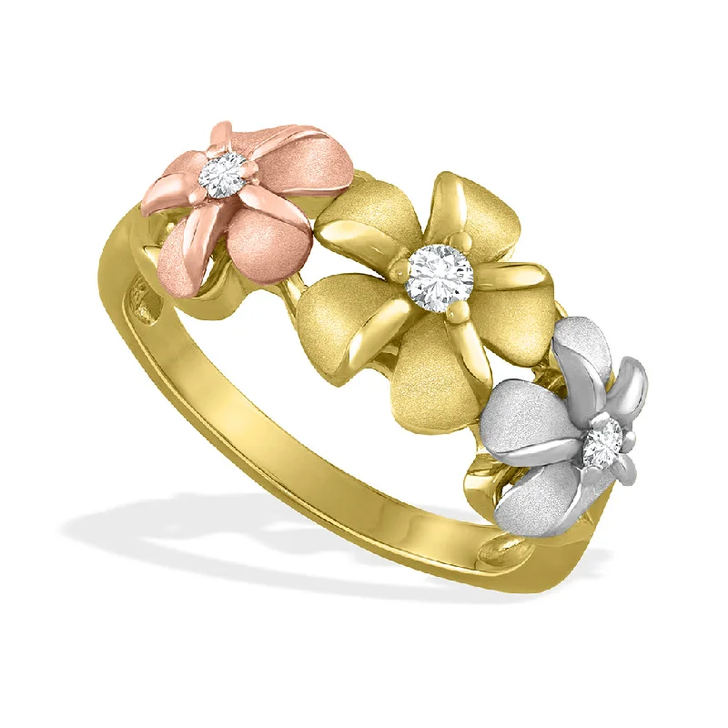 Ladies ruby rings-Tri-Color Three Plumeria Ring