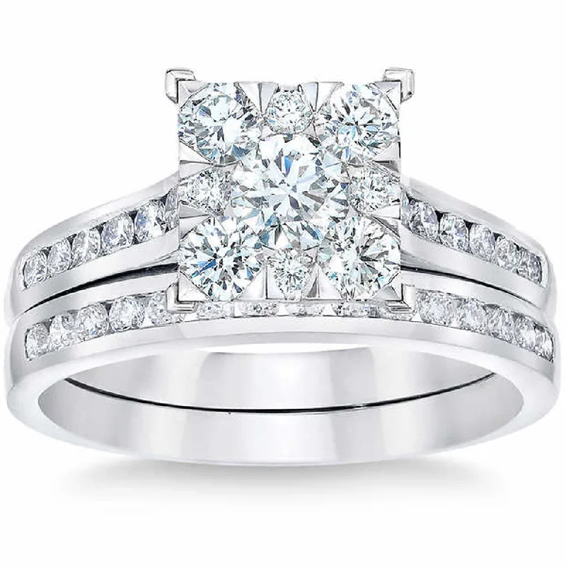 Ladies round brilliant cut engagement rings-2 Ct Diamond Princess Cut Framed Engagement Wedding Ring Set White Gold