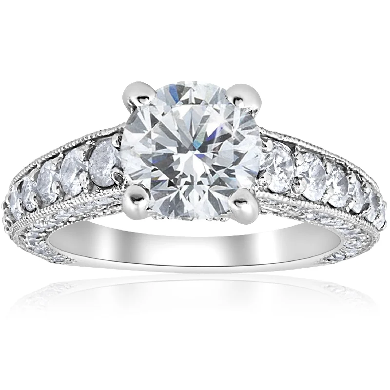 Ladies affordable solitaire engagement rings-3 3/4 ct Round Diamond Heirloom Engagement Ring 14k White Gold