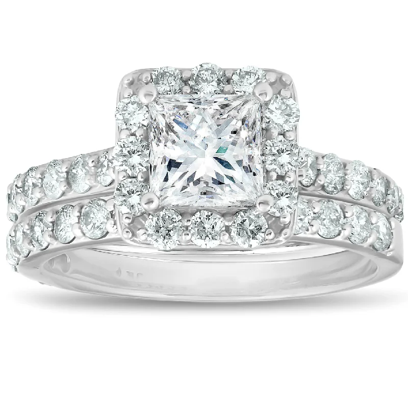 Ladies round engagement rings-2 1/2 Ct Halo Princess Cut Diamond Engagement Wedding Ring Set 14k White Gold